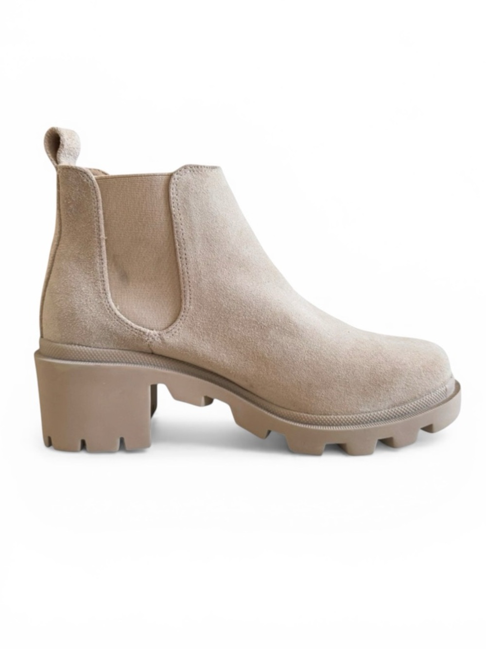 New Steve Madden Suede Lug Sole Chelsea Ankle Boots Neutral Beige Size 9